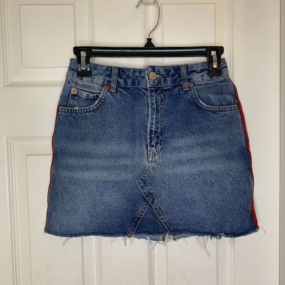 Topshop Raw Hem Jean Skirt Side Stripes - Picture 2 of 7